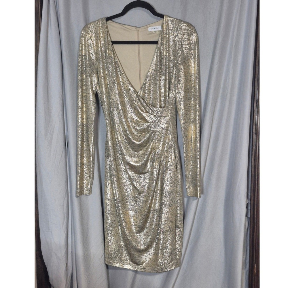 Calvin Klein Womens Gold Metallic Foil Ruched Long Sleeve V-Neck Sheath Dress 8